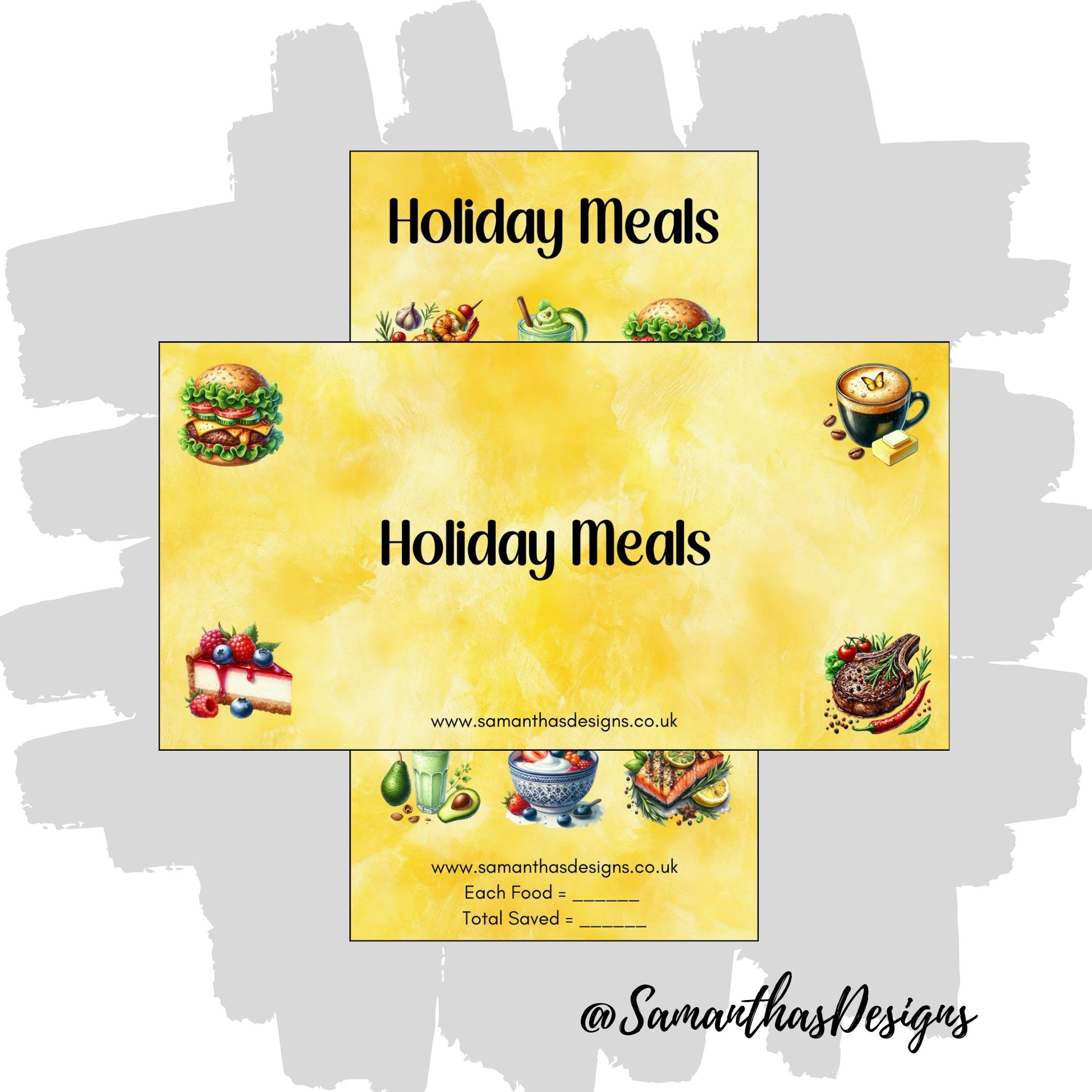 Holiday Meals Savings Tracker with loads of colourful food icons on a yellow and white marbled background