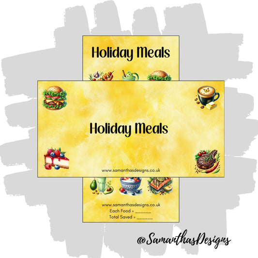 Holiday Meals Savings Tracker with loads of colourful food icons on a yellow and white marbled background