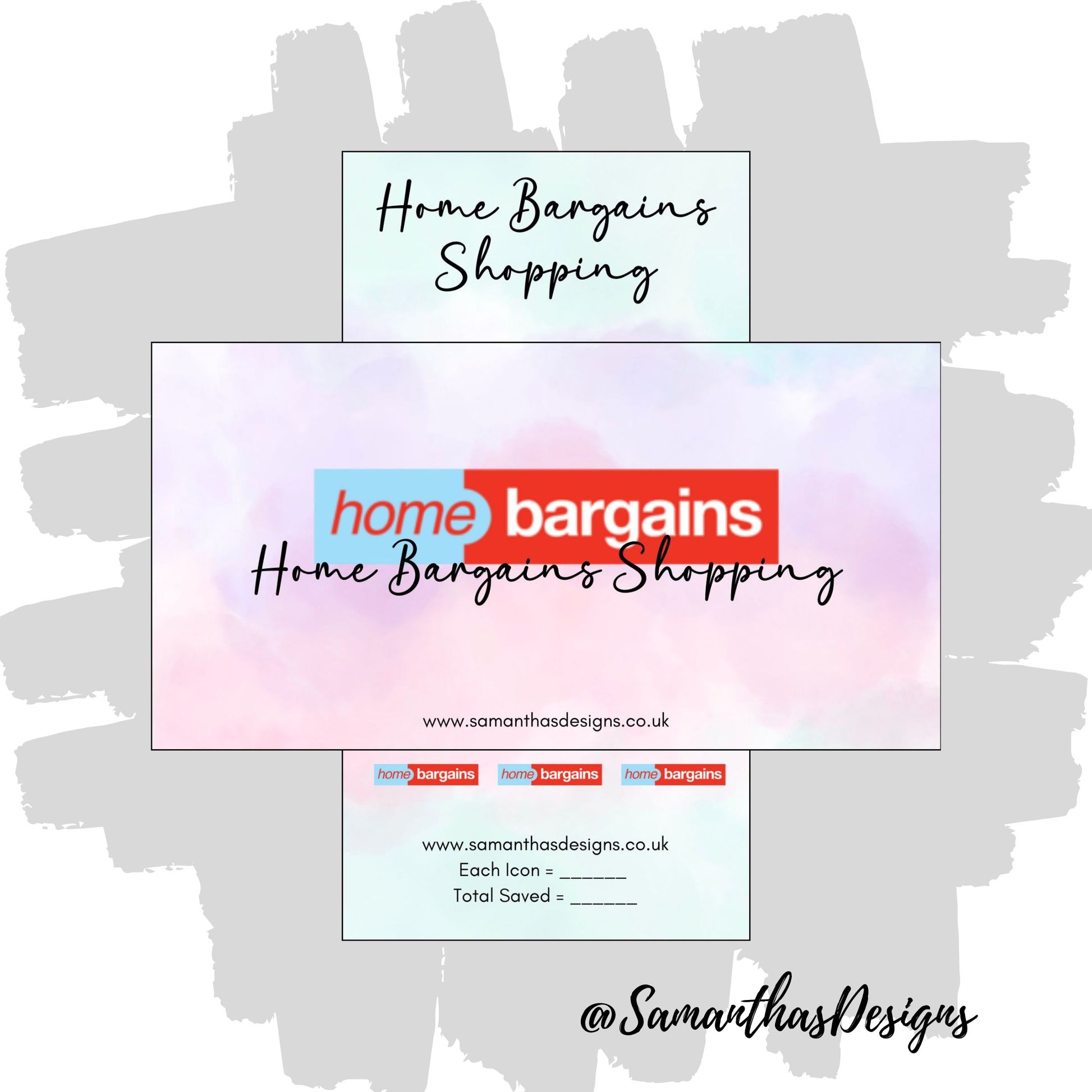 Home Bargains Shopping Savings Tracker and Cover on a blue and purple pastel cloud effect background with the stores logo
