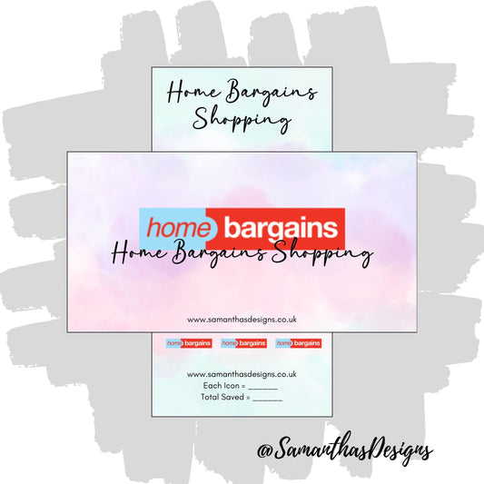 Home Bargains Shopping Savings Tracker and Cover on a blue and purple pastel cloud effect background with the stores logo