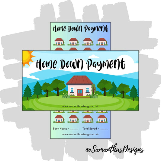 Home down payment tracker with house illustration and branding details.