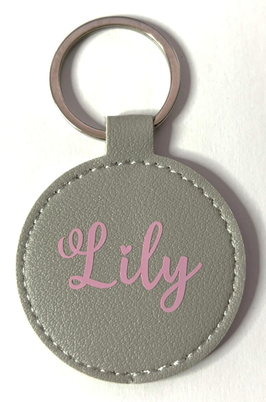 Personalised Faux Leather Circle Keyring - Grey
