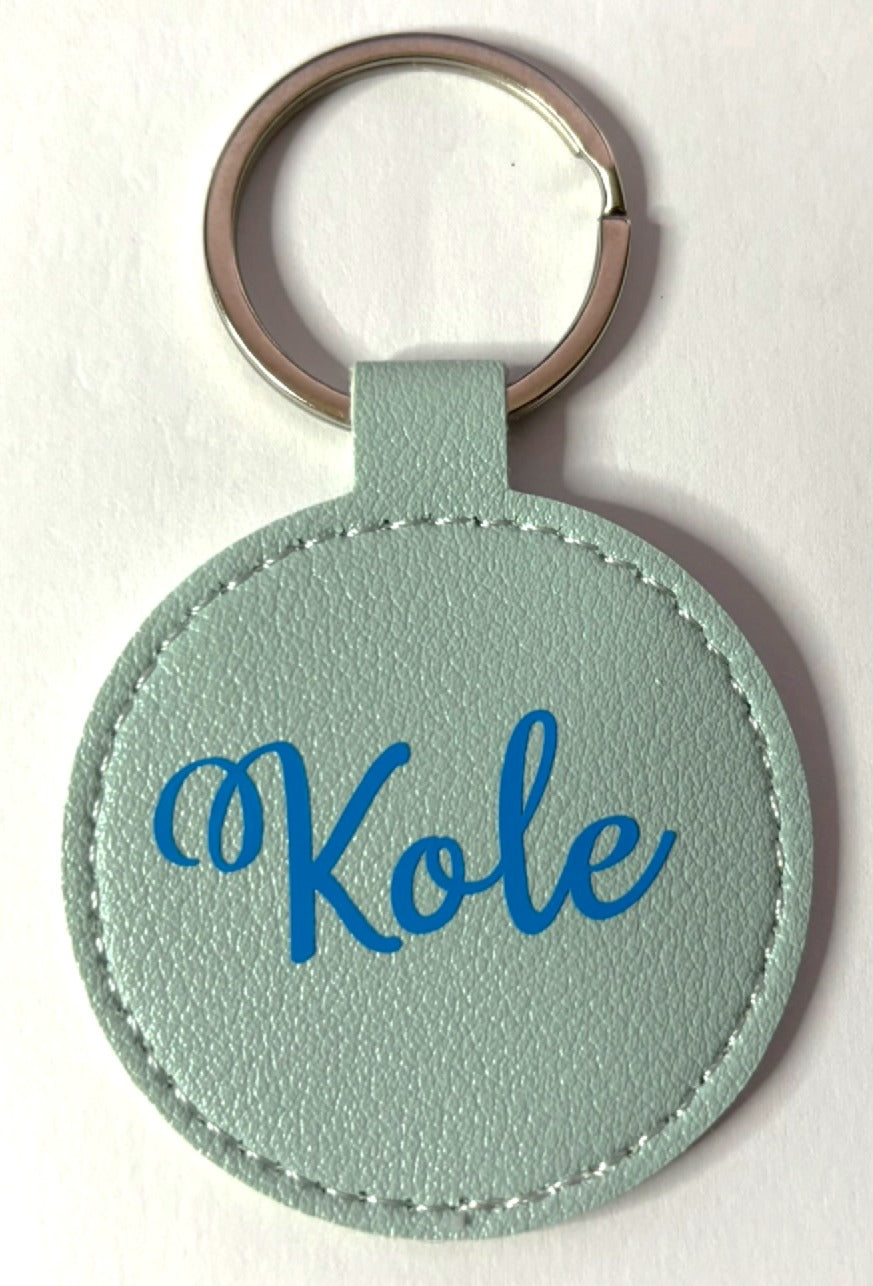 Personalised Faux Leather Circle Keyring - Blue