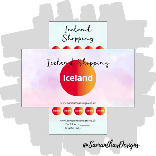 Iceland Shopping Savings Tracker and Cover on a blue and purple pastel cloud effect background with the stores logo