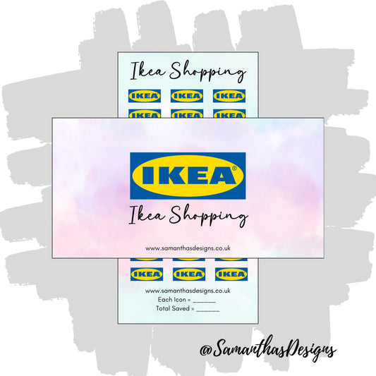 Ikea Shopping Savings Tracker and Cover on a blue and purple pastel cloud effect background with the stores logo