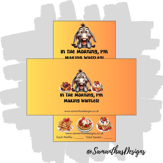 In The Morning I'm Making Waffles Savings Tracker is on a yellow to orange gradient background with a donkey and numerous waffle illustrations