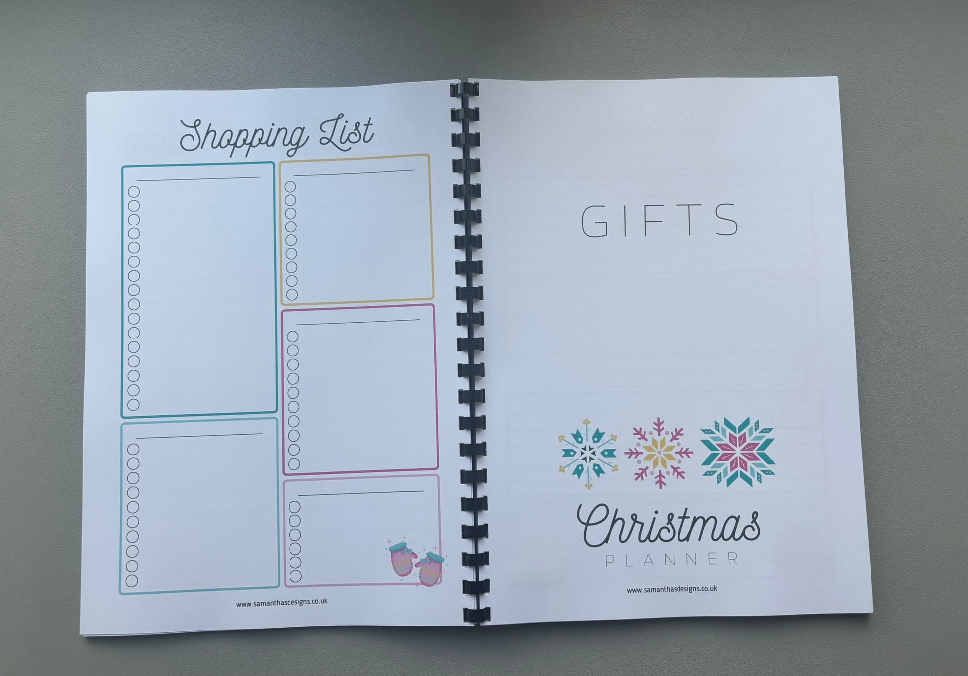 Inside view of Christmas Planner – available in A4 and A5 sizes. Bright and colourful. Comb bound to flip through with ease. Has sections for tracking guests, gifts, meal plan, schedule, activities and more. 