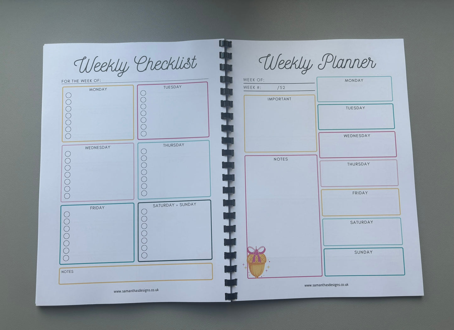 Inside view of Christmas Planner – available in A4 and A5 sizes. Bright and colourful. Comb bound to flip through with ease. Has sections for tracking guests, gifts, meal plan, schedule, activities and more. 