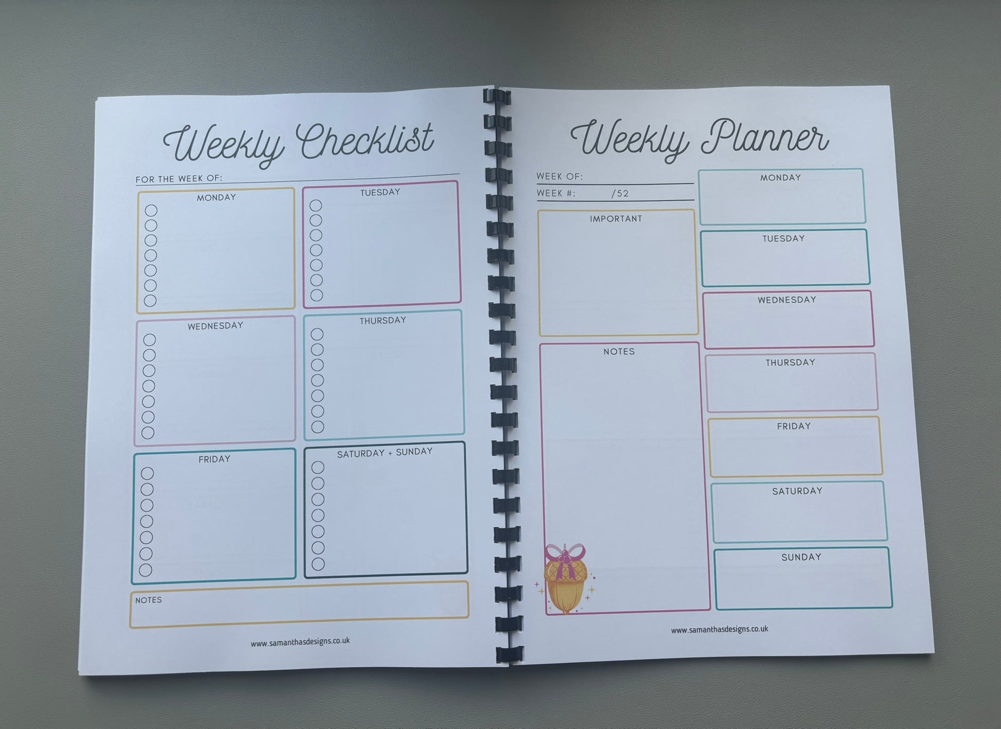 Inside view of Christmas Planner – available in A4 and A5 sizes. Bright and colourful. Comb bound to flip through with ease. Has sections for tracking guests, gifts, meal plan, schedule, activities and more. 