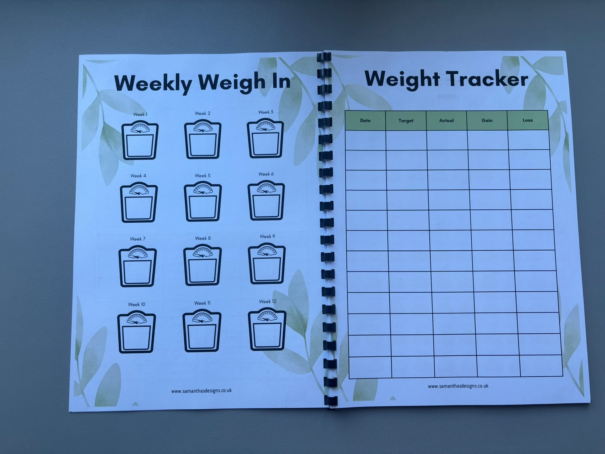 Inside sneak peek of the weight loss planner showing the 12 week weigh in and the weight tracker log