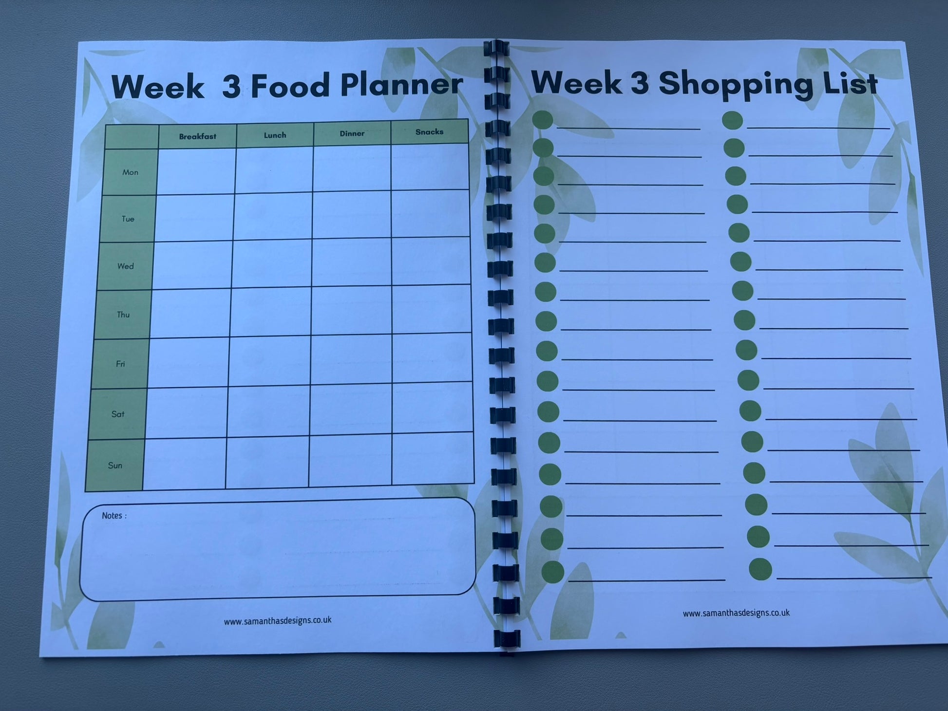 Inside sneak peek of the weight loss planner showing week 3's food planner and week 3's shopping list side by side for easy planning