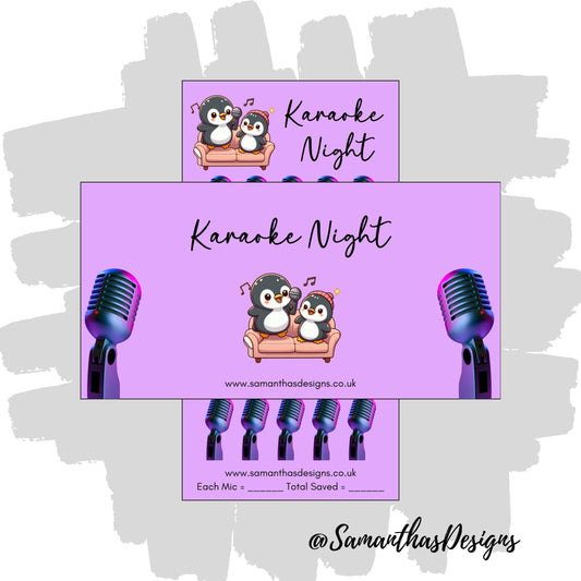 Karaoke Night Savings Tracker on a purple background with microphones and a penguin singing on a sofa illustration