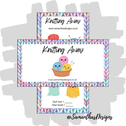 Knitting Away Savings Tracker with a white background and a coloured knitted border and kawaii knitting illustrations