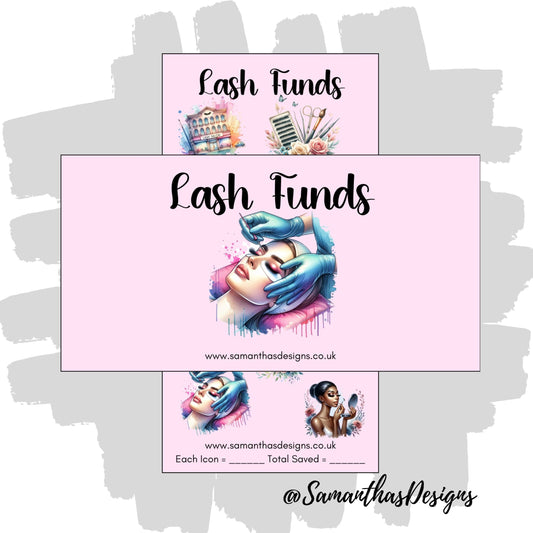 Lash Funds Saving Tracker on a baby pink background with colourful eyelash themed illustrations