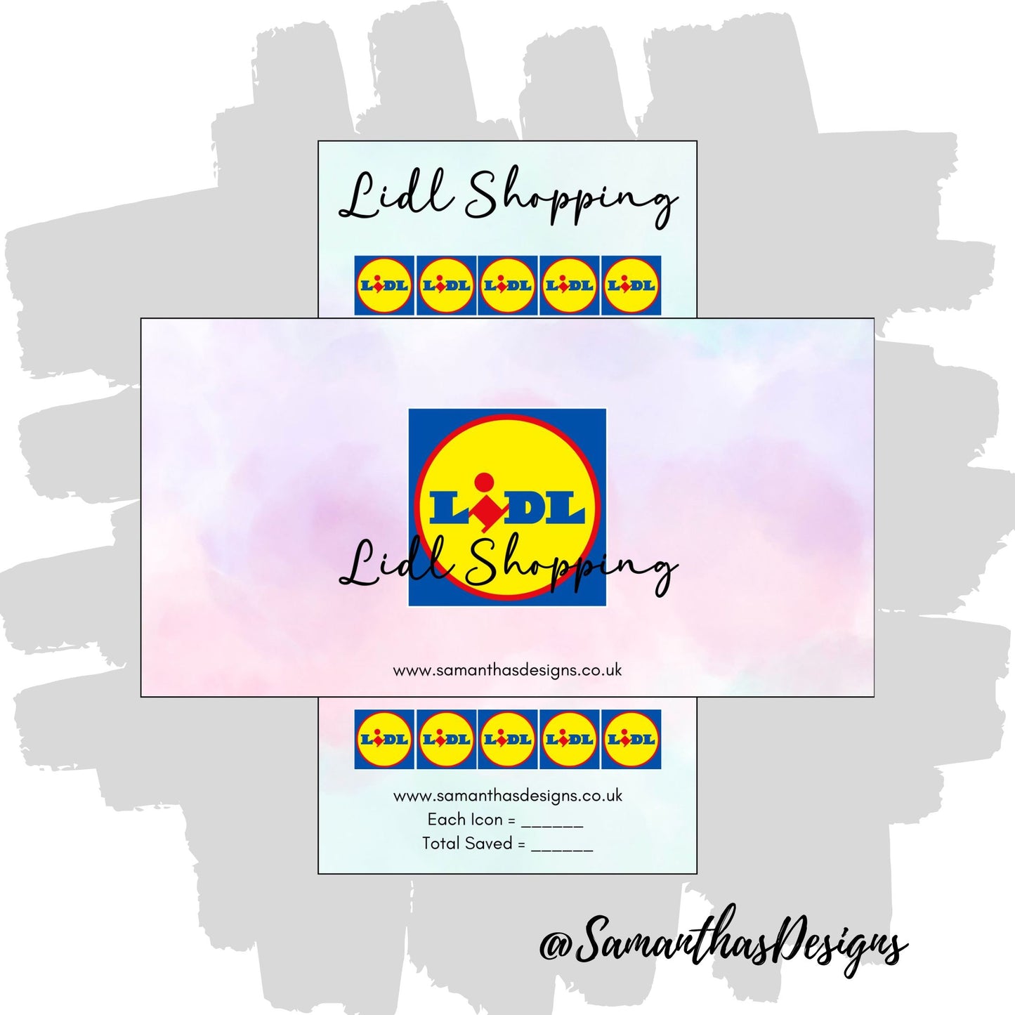 Lidl Shopping Savings Tracker and Cover on a blue and purple pastel cloud effect background with the stores logo