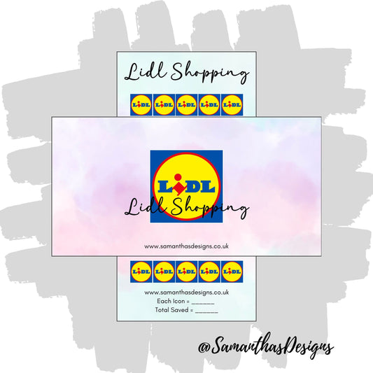 Lidl Shopping Savings Tracker and Cover on a blue and purple pastel cloud effect background with the stores logo