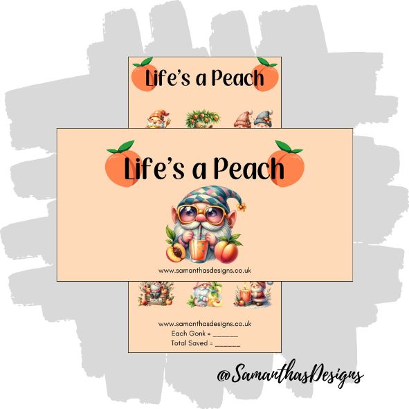 Life's A Peach Savings Tracker is on a light peach background with gonks & peaches illustrations