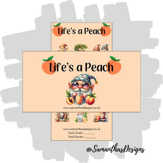 Life's A Peach Savings Tracker is on a light peach background with gonks & peaches illustrations
