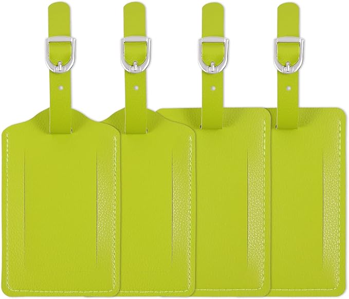 Four lime green luggage tags with silver buckles on a white background