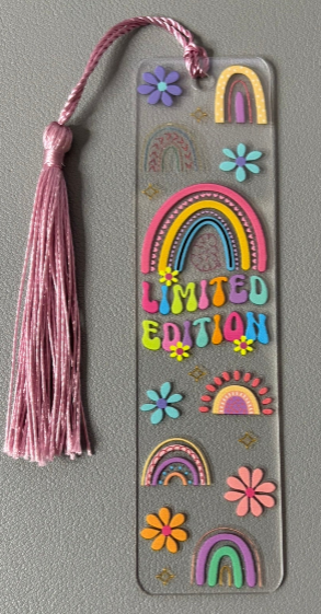 Decorative bookmark with colorful designs and 'Limited Edition' text on a gray background