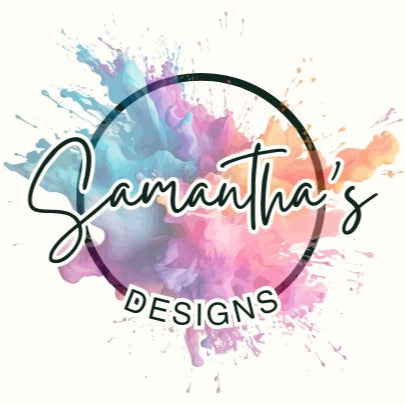 Colourful watercolour splashback behind a circle with Samantha's Designs written through it.