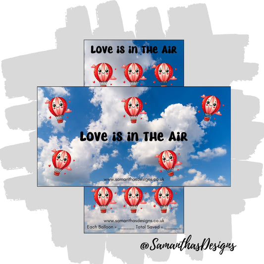 Love Is In The Air Savings Tracker - blue cloudy sky background with kawaii hot air balloons with love hearts around them