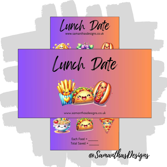 Lunch Date savings tracker with a purple to orange gradient background and cute kawaii food illustrations