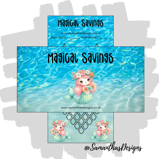 Magical Savings Tracker with a wave background, colourful mermaid illustration and a scale to colour as you save