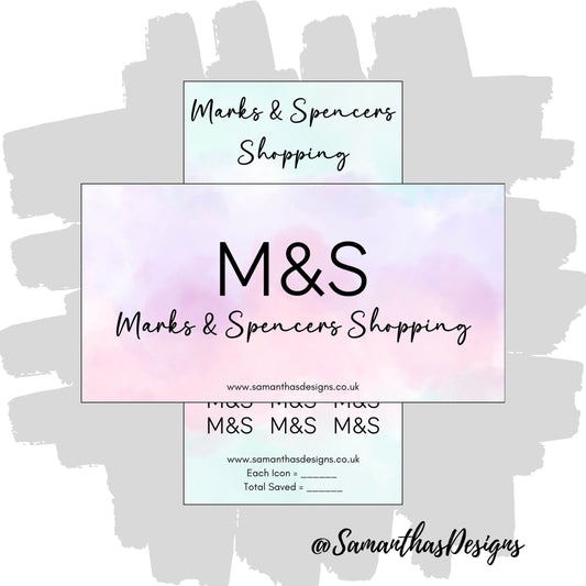 Marks & Spencers Shopping Savings Tracker and Cover on a blue and purple pastel cloud effect background with the stores logo