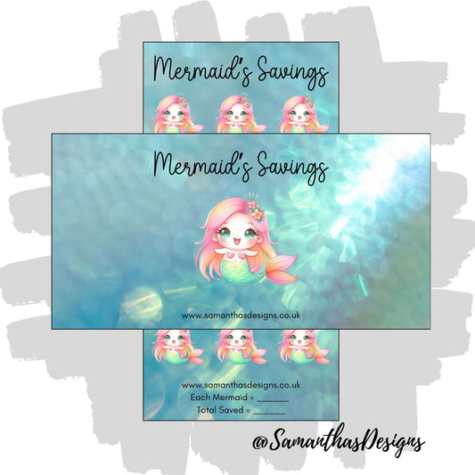 Mermaid Savings Tracker on a ocean themed background with kawaii mermaids
