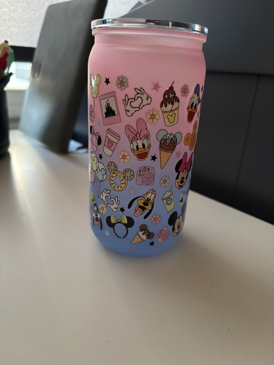 Pink and Blue Ombre Plastic tumbler with mickey mouse and friends icon illustrations