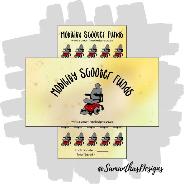 Mobility Scooter Funds Savings Tracker is on a yellow sparkly background with mobility scooter illustrations