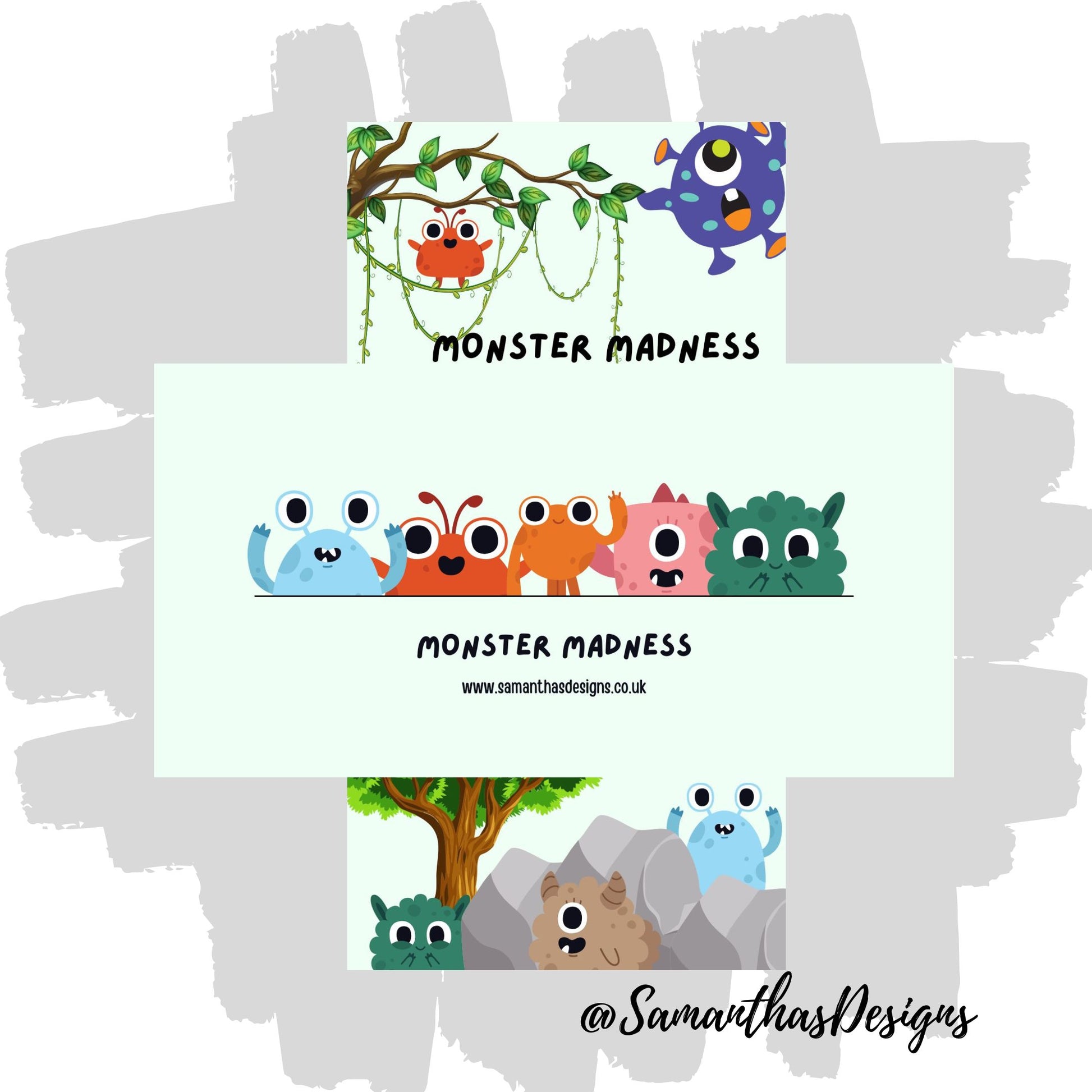 Monster Madness Savings Tracker is a pale blue background with trees and rocks and 10 cute little monster illustrations