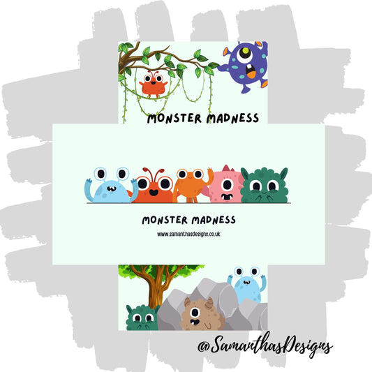 Monster Madness Savings Tracker is a pale blue background with trees and rocks and 10 cute little monster illustrations