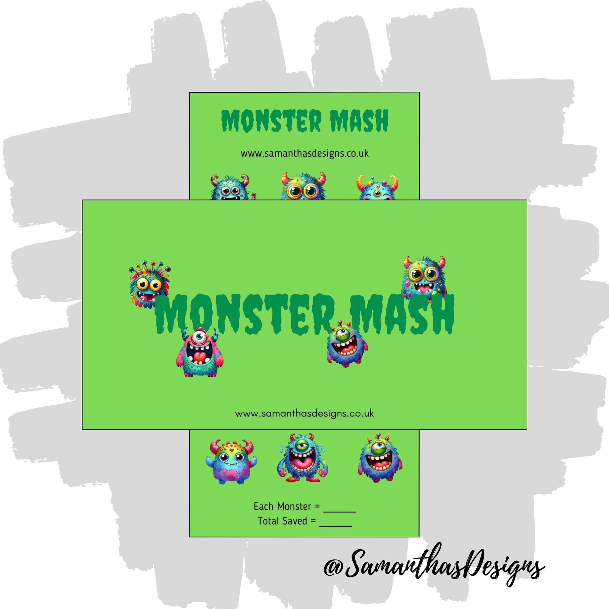 Monster Mash Savings Tracker with green background and loads of colourful monster illustrations.