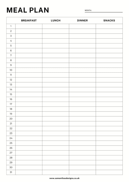 Monthly Meal Plan - Printable - Samantha's Designs