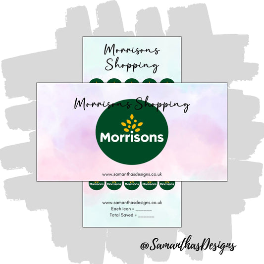 Morrisons Shopping Savings Tracker and Cover on a blue and purple pastel cloud effect background with the stores logo