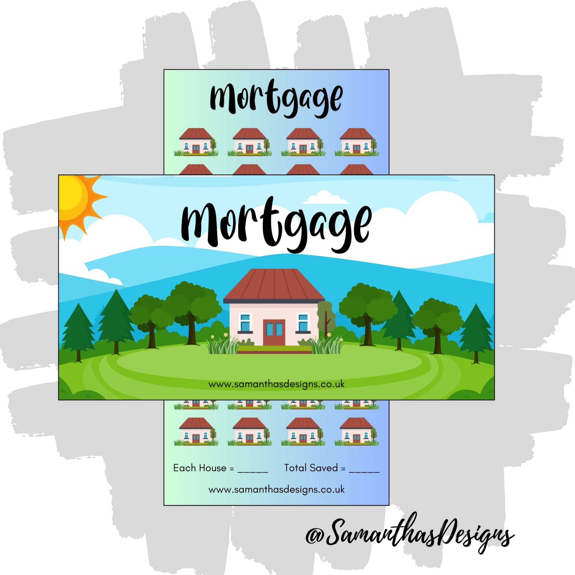 Mortgage Savings Tracker with colourful house illustrations on a green to blue gradient background
