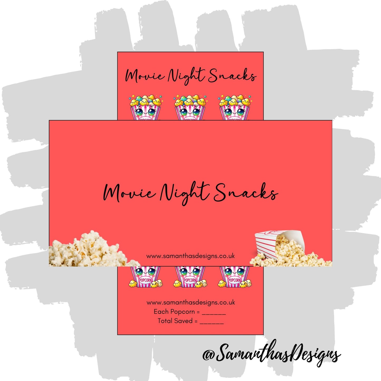 Movie Night Snacks Savings Tracker on a red background with kawaii popcorn emotes