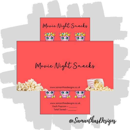 Movie Night Snacks Savings Tracker on a red background with kawaii popcorn emotes