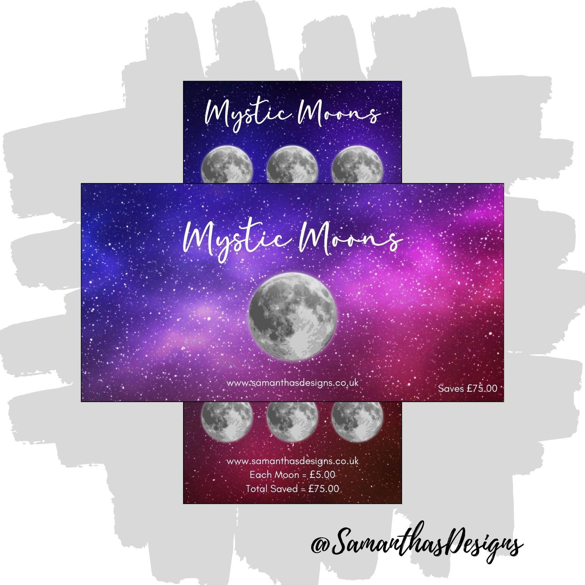 Mystic Moons Savings Tracker with a blue, purple and pink starry night sky with moon illustrations