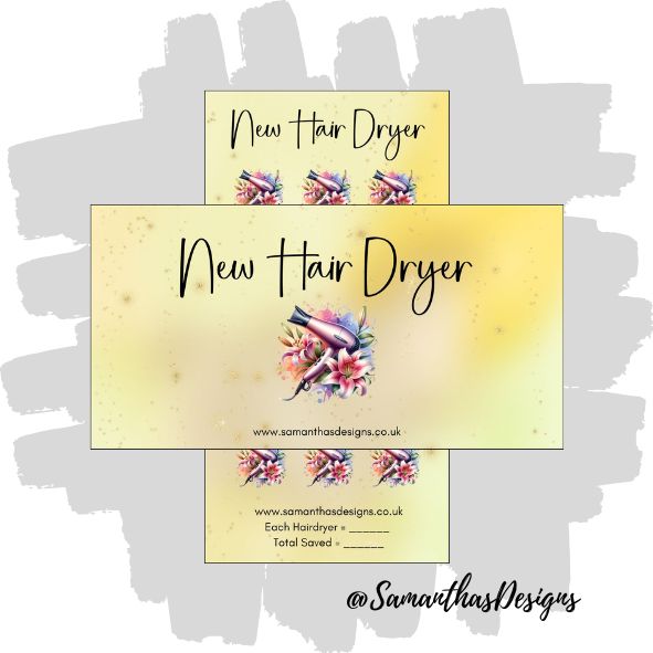 New Hair Dryer Savings Tracker is on a yellow sparkly background with watercolour illustrations of a hair dryer surrounded with flowers