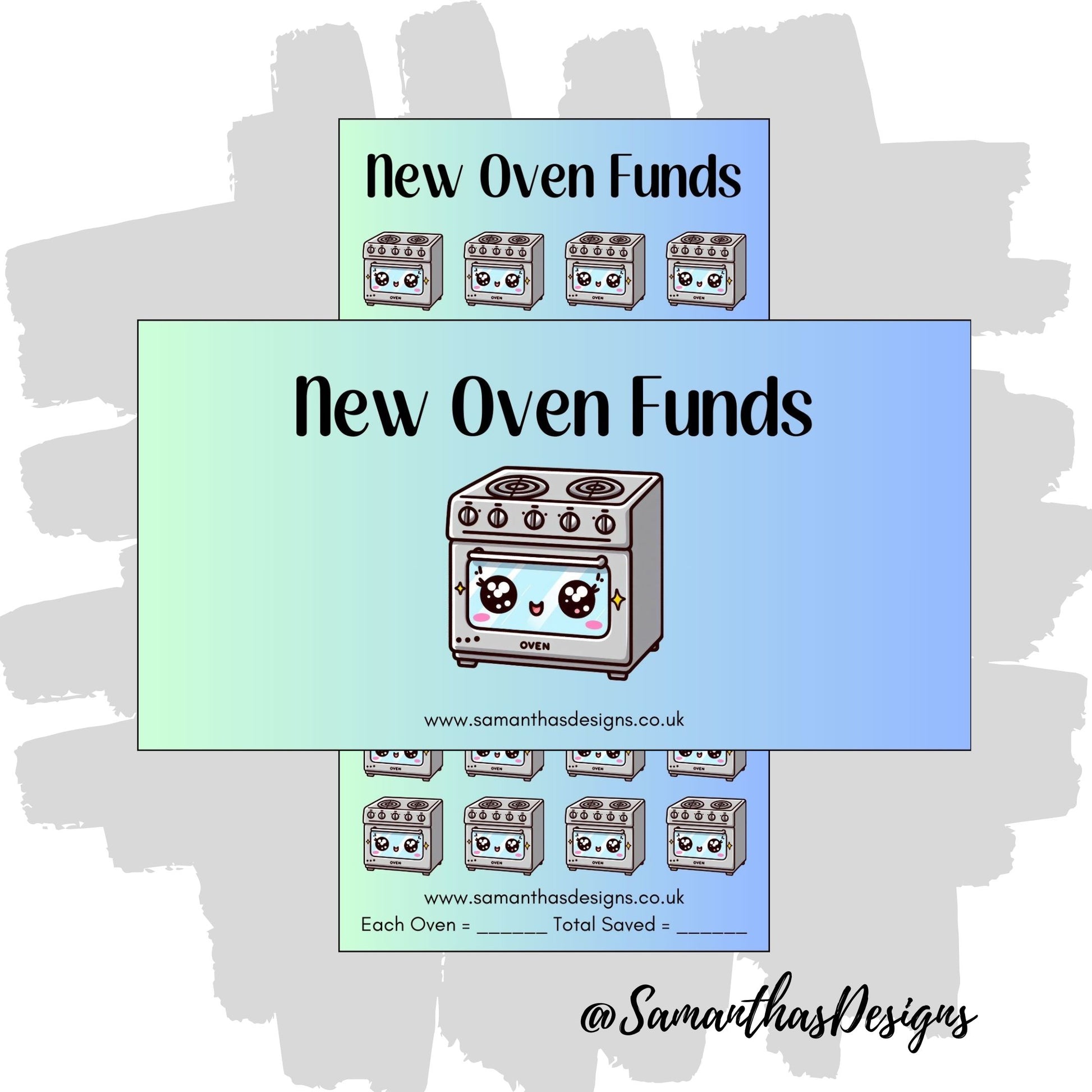New Oven Savings tracker on a green to blue gradient background with kawaii oven illustrations