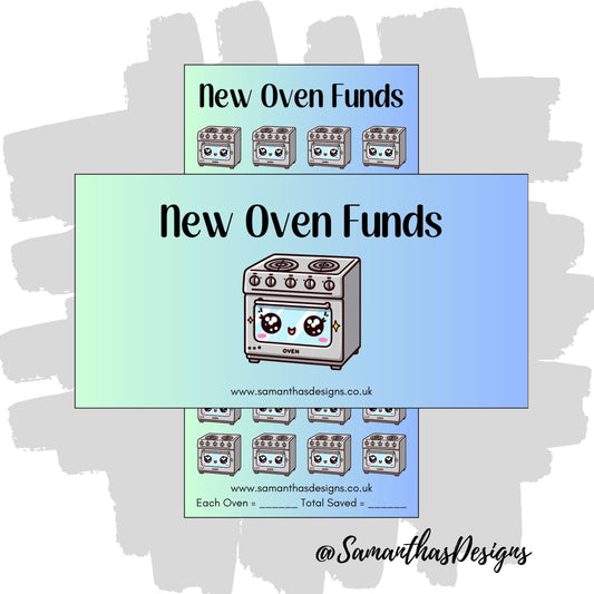 New Oven Savings tracker on a green to blue gradient background with kawaii oven illustrations