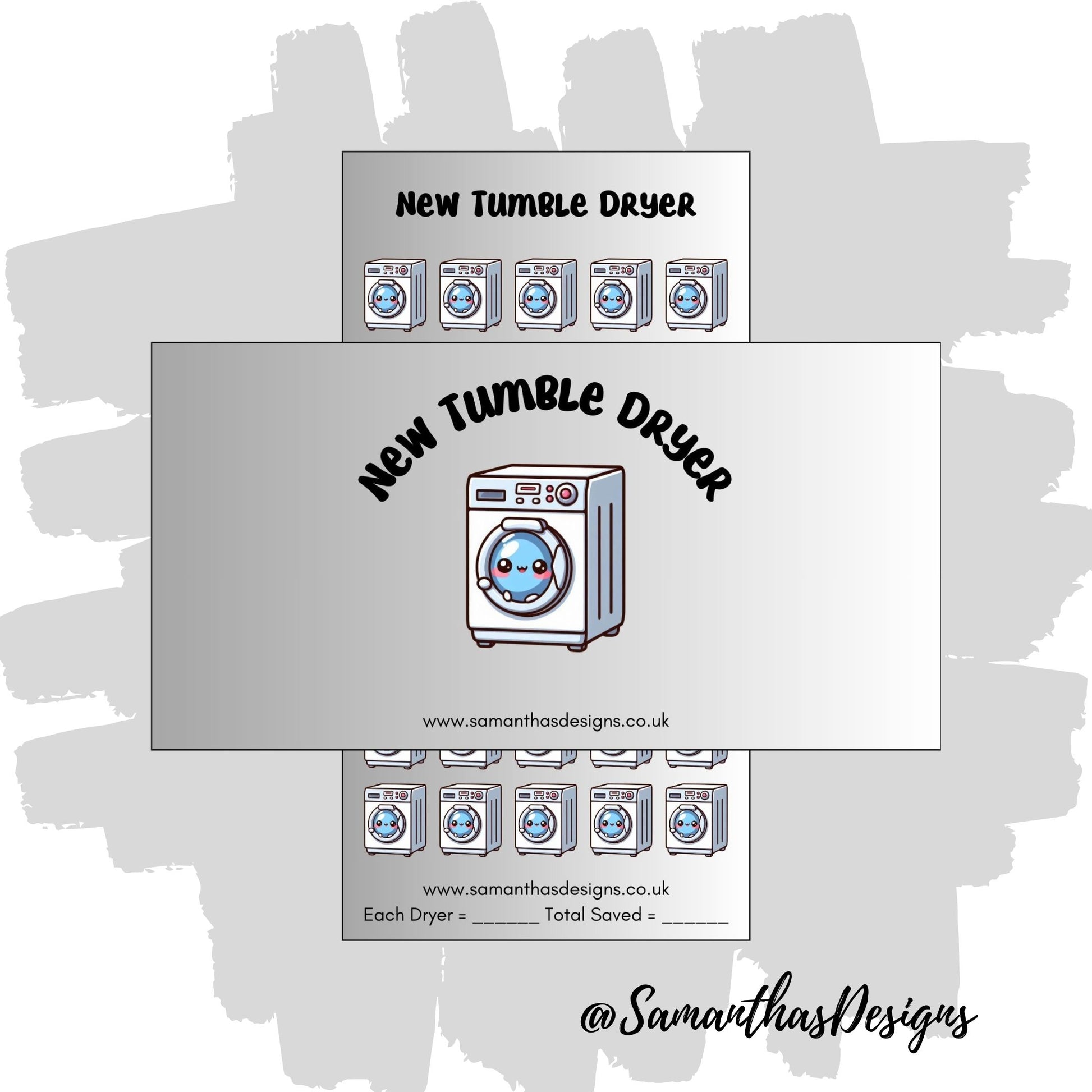 New tumble Dryer Savings Tracker on a grey ombre gradient background with a cute kawaii tumble dryer icons