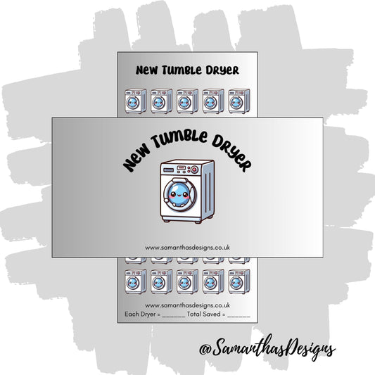 New tumble Dryer Savings Tracker on a grey ombre gradient background with a cute kawaii tumble dryer icons