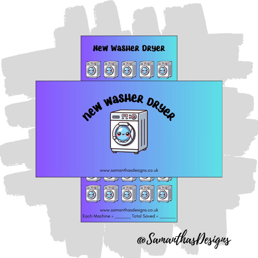 New Washer Dryer Savings Tracker on a purple blue ombre background with cute kawaii washer dryer illustrations