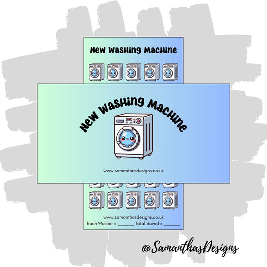 New Washing Machine Savings Tracker featuring cute kawaii washing machine icons on a blue gradient background