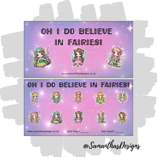 Oh I Do Believe In Fairies savings tracker with a pink and purple starry background with assorted fairy illustrations.