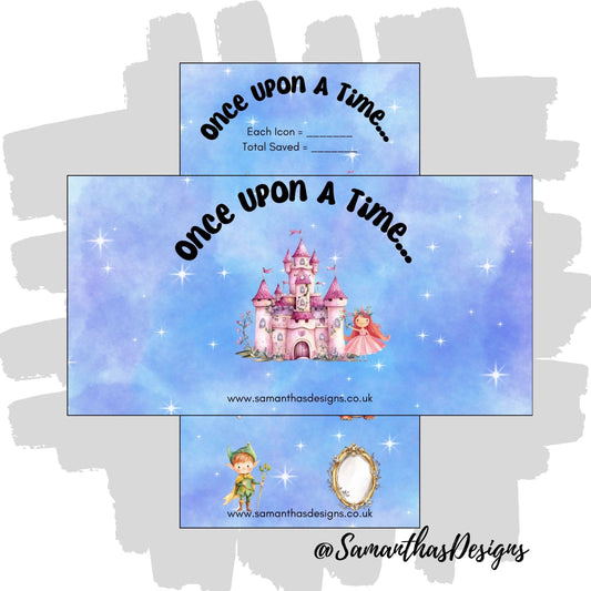 Once Upon A Time Savings Tracker on a blue cloudy and starry background featuring storybook illustrations such as castles and princesses.